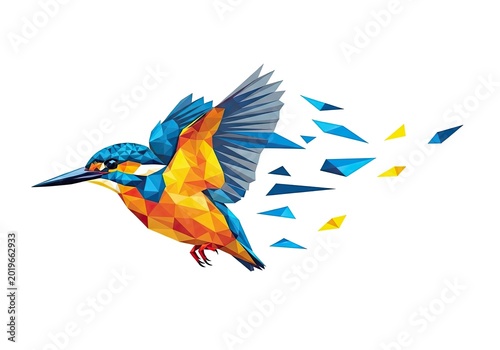 Low poly geometric colorful kingfisher bird in flight.