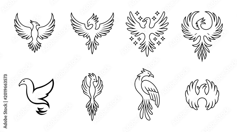 Obraz premium Set of phoenix bird symbols and icons outline and silhouette styles mythical legendary firebird creature