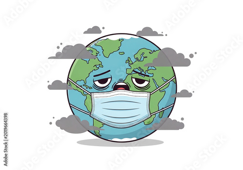 Sad Sick Earth Wearing Face Mask Surrounded by Smog and Pollution