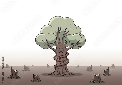 Sad Tree Hugging Itself Amidst Deforestation Stumps Illustration
