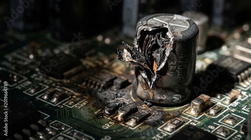 Exploded Capacitor on a Damaged Electronic Circuit Board.