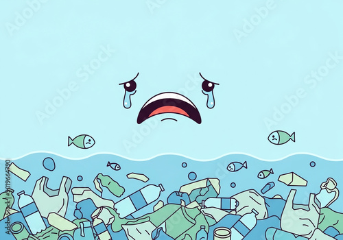 Environmental concept of sad nature crying over ocean plastic pollution