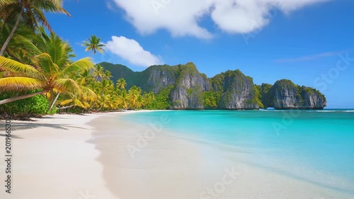 A breathtaking tropical paradise scene featuring a pristine white sand beach, crystal clear turquoise ocean water, lush green palm trees, and majestic limestone cliffs under a vibrant blue sky.