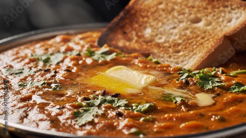 Spicy mashed pav bhaji topped with butter and served with toasted bread in a warm close-up shot.