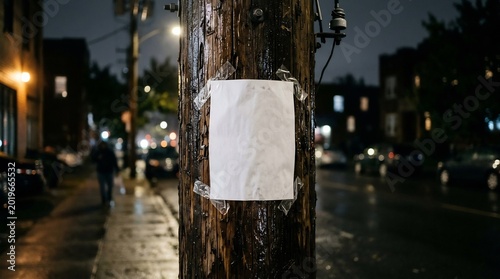 Blank white flyer taped to a wooden utility pole on a city street