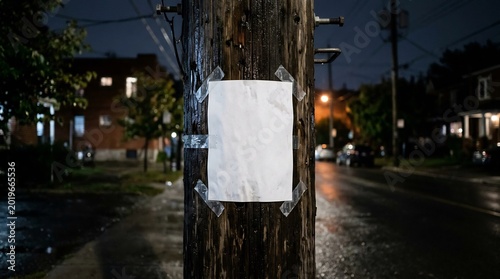 Blank white paper flyer taped to a wooden utility pole at night