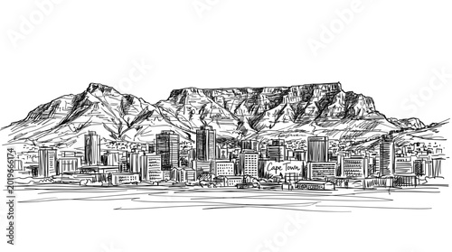 A detailed black and white sketch of the Cape Town skyline with Table Mountain prominently featured in the background.
