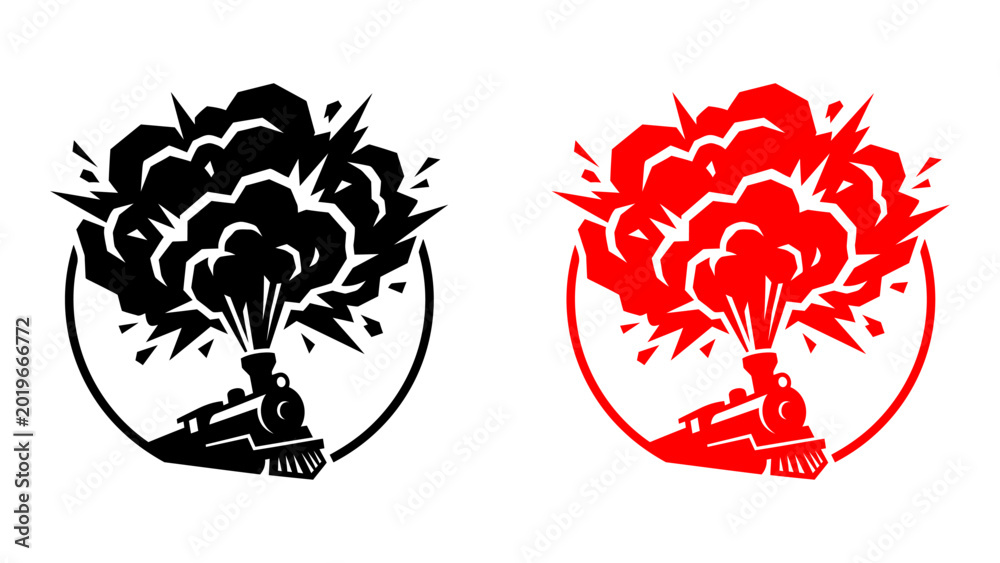 Fototapeta premium Steam locomotive train explosion vector icons in black and red. Representing engine failure, industrial disaster, and powerful steam blast
