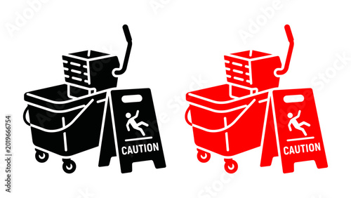 Tableau sur toile Mop bucket with wringer and wet floor caution sign vector icons