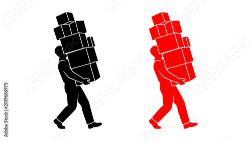 Silhouette of a man carrying a tall stack of boxes in black and red versions. Representing heavy workload, delivery services, and logistics
