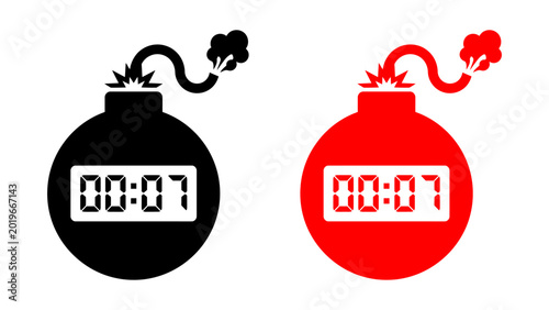 Black and red bomb vector icons with digital countdown timers. Representing urgent deadlines, time pressure, and imminent danger