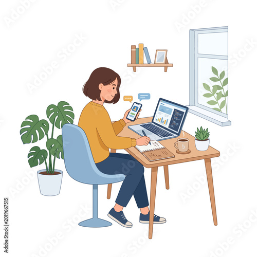 Freelancer working at home office with laptop and smartphone.
