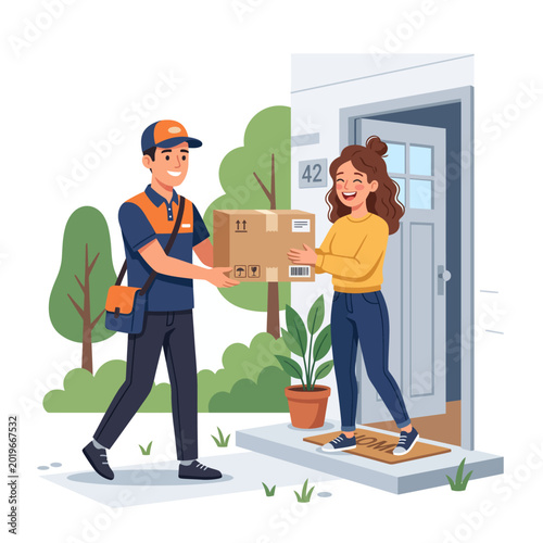 Courier delivering package to happy woman at home.
