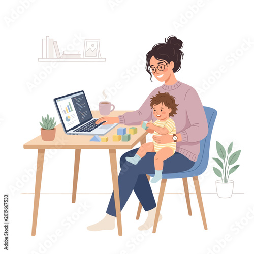 Working mother typing on laptop with baby on lap.