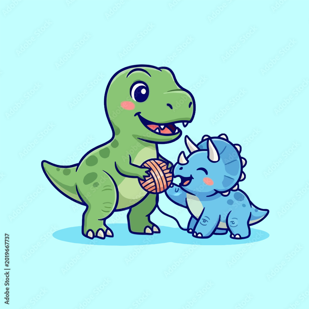 Fototapeta premium Cute Cartoon Dinosaurs Playing with Yarn Ball 2.