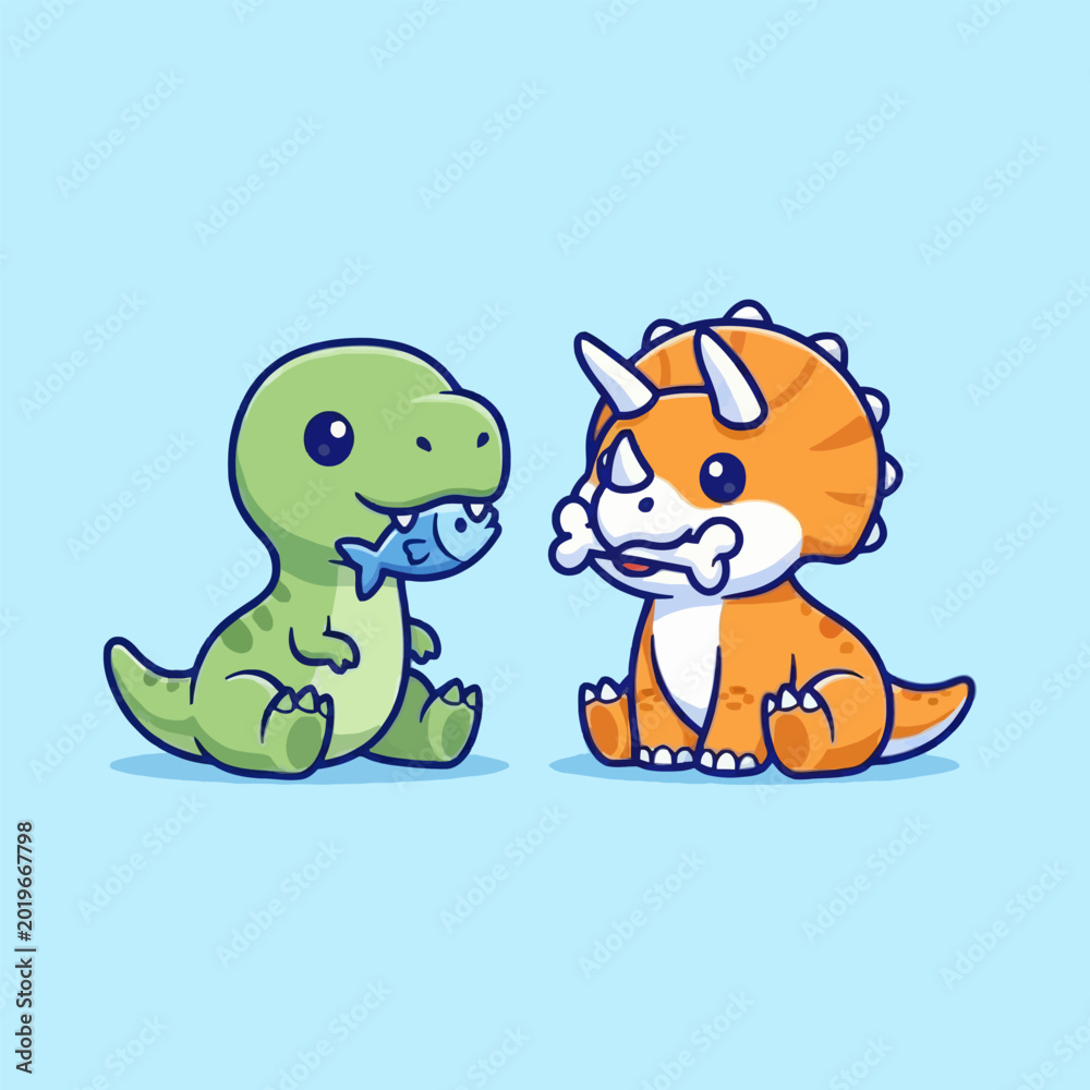 Obraz premium Cute Cartoon Dinosaurs Sharing Food Illustration.
