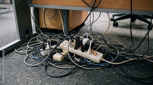 Messy tangle of electrical cables and power strips under office desk.