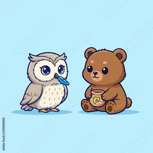 Cute Cartoon Owl and Bear with Honey Pot.