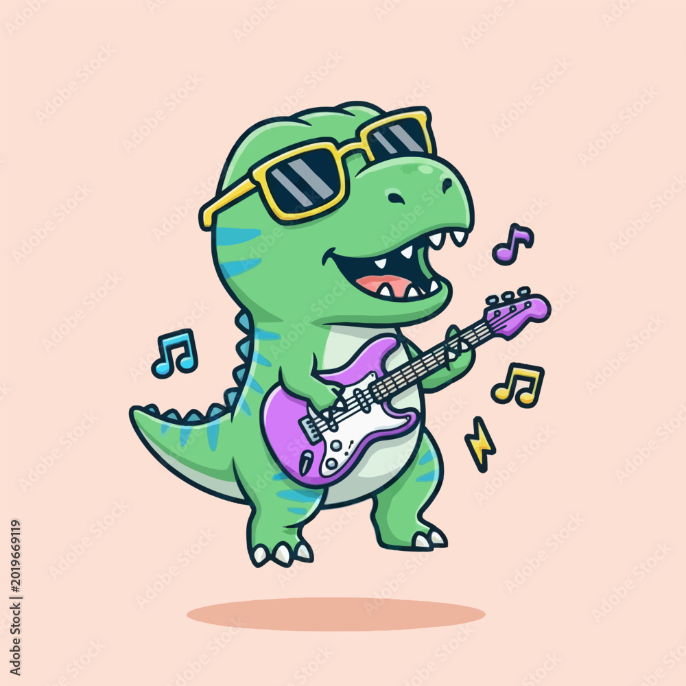 Fototapeta premium Cute Cartoon Dinosaur Playing Electric Guitar with Sunglasses.