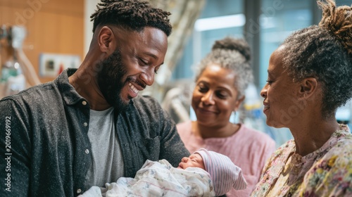 Black father carefully holding newborn baby in hospital room, mother and grandmother watching lovingly, gentle smiles, clean bright medical environment