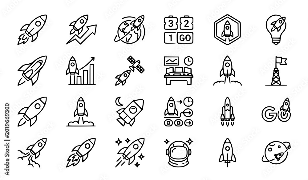 Fototapeta premium Futuristic rocket launch outline vector icon pack with startup and space mission symbols