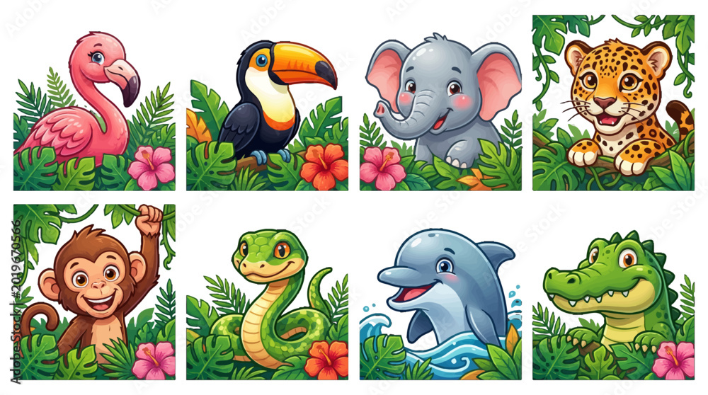 Fototapeta premium Cute cartoon animal icons set with flamingo toucan elephant leopard monkey snake dolphin and crocodile