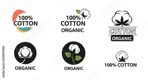 Organic cotton product label set showing cotton bolls and text for sustainable clothing brands and eco-friendly textile industry manufacturing.