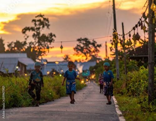Children Playing with Sparklers on Rural Village Road at Sunset in the Evening