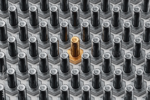 Slika na platnu A striking image of a single golden bolt surrounded by numerous silver nuts, symbolizing uniqueness and distinction in a mechanical setting