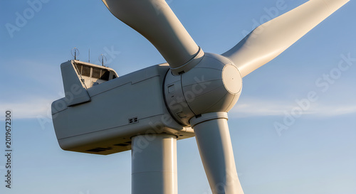 Wind turbine blades and hub against blue sky illustration