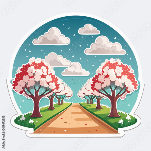 Springtime Path Lined with Blooming Cherry Blossom Trees
