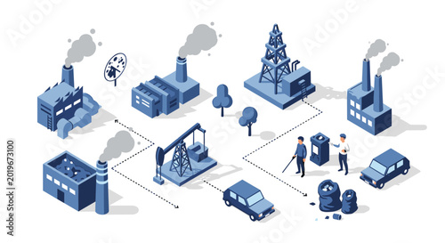 Isometric illustration of an industrial complex featuring factories drilling rigs pollution and workers managing waste.