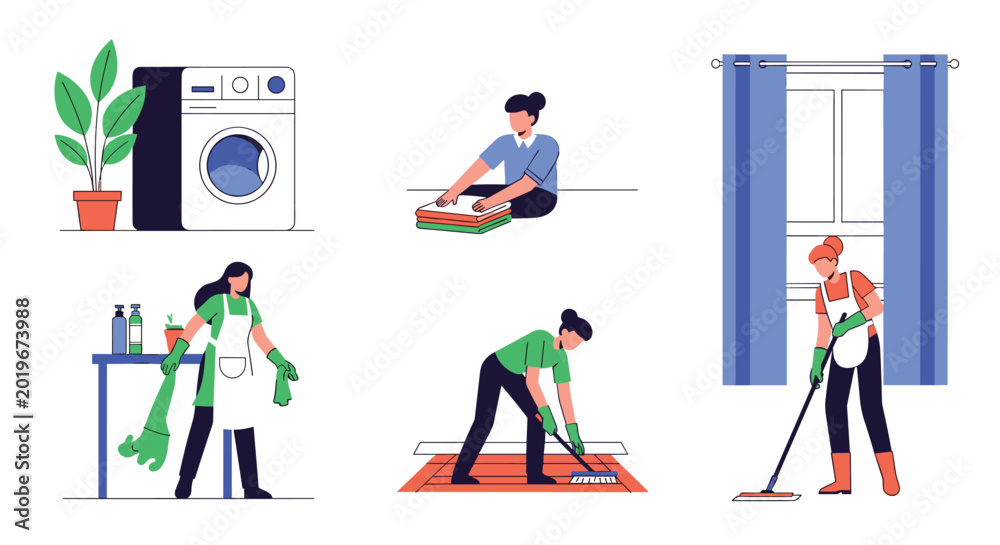 Fototapeta premium Collection of illustrations showing women performing various household chores including laundry folding clothes mopping and cleaning surfaces at home.