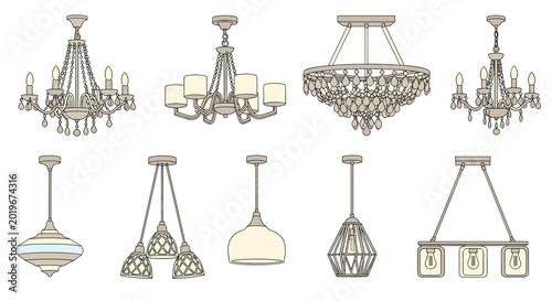 Modern collection of diverse indoor lighting fixtures including crystal chandeliers pendant lamps and contemporary hanging lights for interior design.
