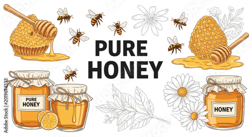 Complete honey product set with jars of pure honey natural honeycombs wooden dippers and flying bees for organic farming and healthy food concepts.
