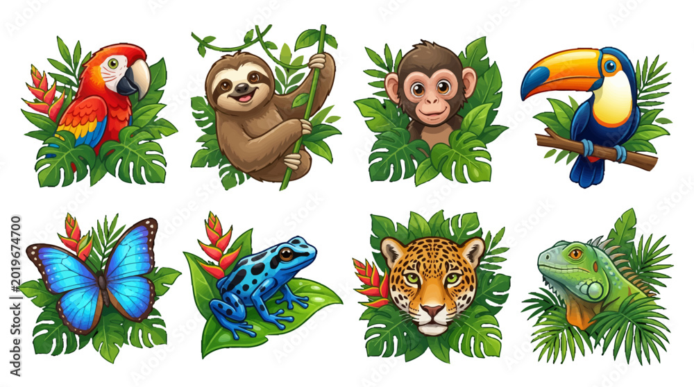 Fototapeta premium Tropical rainforest animals set with macaw sloth monkey toucan butterfly frog jaguar and iguana surrounded by jungle leaves