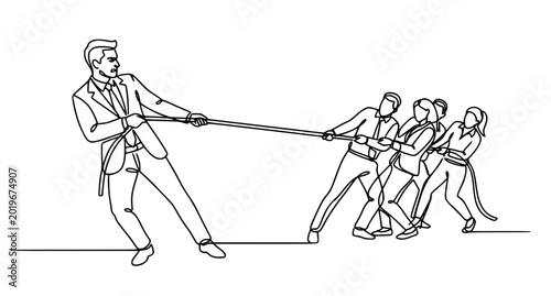 Photos Minimal continuous line art of businessman resisting team in rope pulling busine