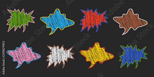 Colorful chalk speech bubbles and starbursts on blackboard background.