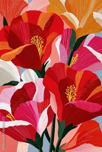Oversized red and white floral print with bold petals and botanical illustration style