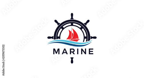 Professional marine themed logo incorporates a ship steering wheel, ocean waves, and a red sailboat with elegant typography.