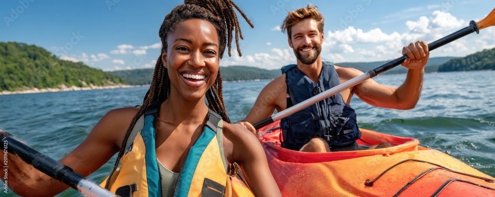 Obraz premium Smiling young couple kayaking together on a sunny lake during a summer outdoor adventure