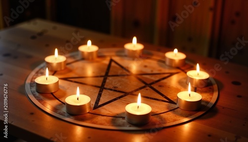 Candles arranged around a pentagram on wooden table  