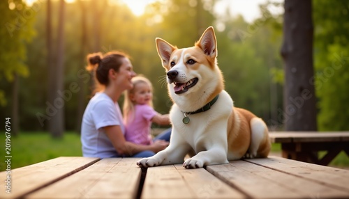 Dog sitting at picnic table with family in sunny outdoor park  