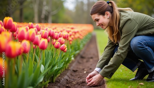 Woman planting tulip bulbs in garden among colorful flowers  