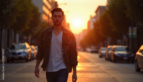 Young man walking down city street at sunset with warm light  