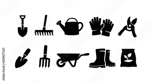 Collection of essential gardening tools and supplies for planting and maintenance