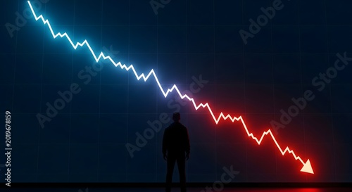 Silhouette of a man standing in front of a large glowing digital graph showing a downward trend and financial market crash.