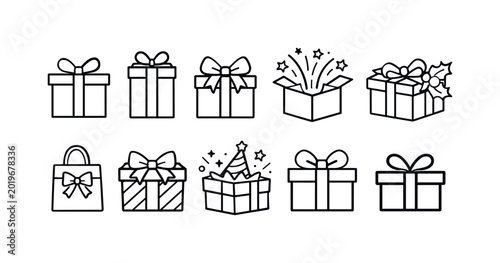 Collection of simple line art icons representing various gift boxes and bags
