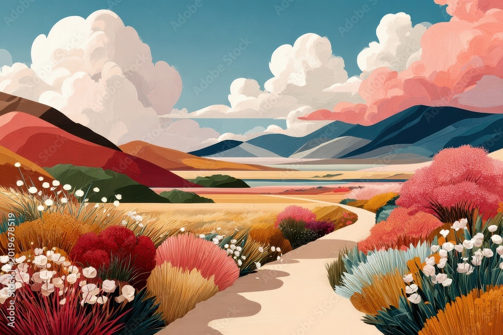 Obraz premium Sunlit grassland path through flowering meadows under pink clouds and distant blue mountains