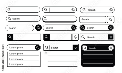 Search bar for mobile app or website design, web browser UI element vector set . Search bar vector icons in flat design. modern minimalist flat outline search bar with dropdown suggestions.